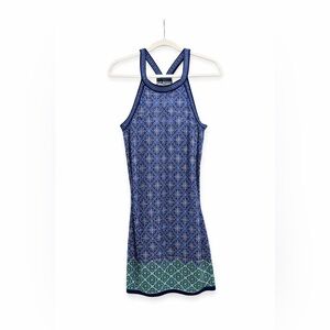 Max Studio Blue Patterned Halter Mini Dress with Teal Border